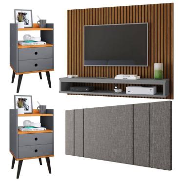 Imagem de Painel Ripado Freijó Tv 50 Polegadas Cissa Cabeceira Cama Box Casal Luana Linho 1,40 Kit 2 Mesinhas Quarto Gaveta Nicho Dream Cinza/Cinamomo– RPM