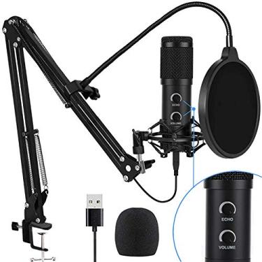 Imagem de Microfone condensador USB atualizado 2021 para computador, ótimo para jogos, podcast, transmissão ao vivo, gravação no YouTube, karaokê no PC, Plug & Play, com suporte de metal ajustável,