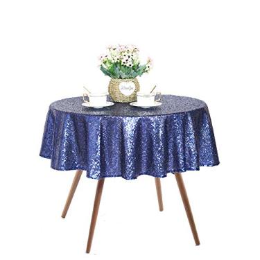 Imagem de JYFLZQ Toalha de mesa azul marinho com lantejoulas – toalha de mesa pequena redonda brilhante com glitter metálico de 127 cm para decoração de formatura, aposentadoria, festa de aniversário