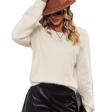 Imagem de Suéter de Gola Redonda Com Manga Bufante, Camisa de Malha de Manga Comprida, Cor Lisa, Renda Vazada, Elegante, Elegante para Compras (M)