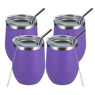 Imagem de MEWAY Copo de vinho de 340 g/pacote com 4 copos com tampa - copo de viagem de aço inoxidável sem haste de parede dupla - Mantém frio e quente para vinho, café, coquetéis, bebidas - família e presentes
