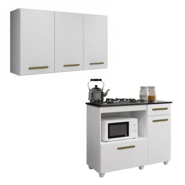 Imagem de Conjunto Armário Aéreo 3 Portas e Balcão para Cooktop 5 bocas 2 Portas 1 Gaveta Branco
