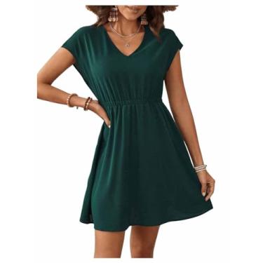 Imagem de SweatyRocks Vestido curto feminino evasê manga cavada gola V cintura alta simples vestidos rodados, Verde, G