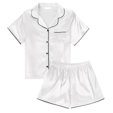 Imagem de LYANER Pijama feminino de cetim e seda, manga curta, botão, conjunto com shorts, pijama pijama, Branco, X-Small