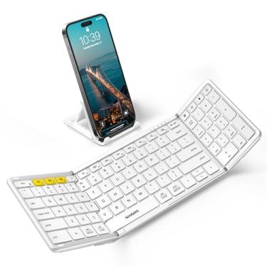 Imagem de Teclado Bluetooth dobrável com teclado numérico, teclado dobrável sem fio Samsers de tamanho completo com couro PU, teclado portátil de viagem para iOS, Android, Windows MacOS, suporta 3 dispositivos