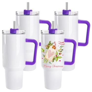 Imagem de D·S Pacote com 4 copos de sublimação 1,134 g com alça em branco isolado grande copo a granel, copos de viagem de café caneca de viagem de aço inoxidável para artesanato diy impressão de prensa térmica