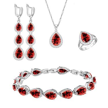 Imagem de LMXXVJ Conjunto de colar e pulseira de brincos longos, banhado a ouro branco, safira azul, conjunto de joias para presente de festa de casamento para mulheres, dama de honra, Cobre, Criou Garnet