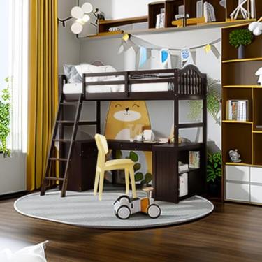 Imagem de Cama Loft Twin Size com gavetas, armário, prateleiras e mesa, cama loft de madeira com mesa - cinza (solteiro expresso)
