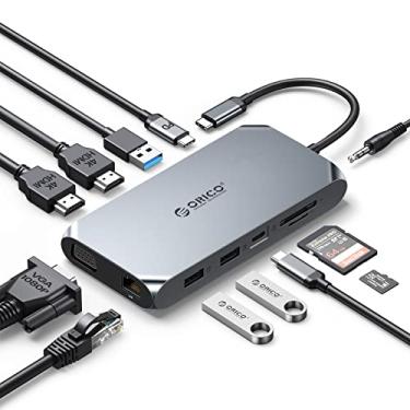 Imagem de Estação de ancoragem USB C para adaptador HDMI duplo, ORICO 12 em 1 USB C Hub com HDMI duplo, VGA, 100W PD, Ethernet, 2 USB-A 3.1, 1 USB 2.0, 1 Tipo-C 3.1, SD/TF, áudio, compatível com Windows/Mac OS (cinza)