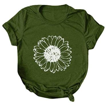 Imagem de Duobla Camisetas femininas de verão 2024 com estampa de girassol, casual, de manga curta, com estampa de flores, roupas modernas, A-2-Verde militar, XXG