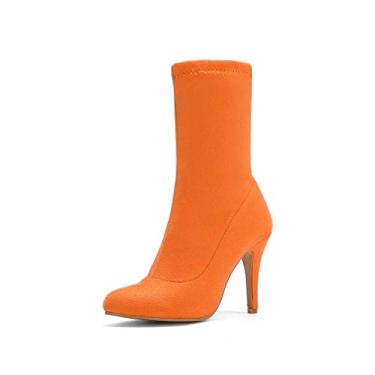 Imagem de JooJaky Bota feminina moderna bico fino cano curto stilettos cor sólida botas curtas, Laranja, 34