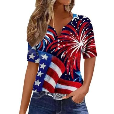 Imagem de Camiseta feminina patriótica de manga curta com bandeira americana 4th of July gola Henley Stars Stripes Túnica, Cinza, G