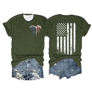 Imagem de Camiseta feminina com bandeira americana de manga curta, patriótica, verão, casual, folgada, gola redonda, engraçada, 4 de julho de 2024, Verde militar, G