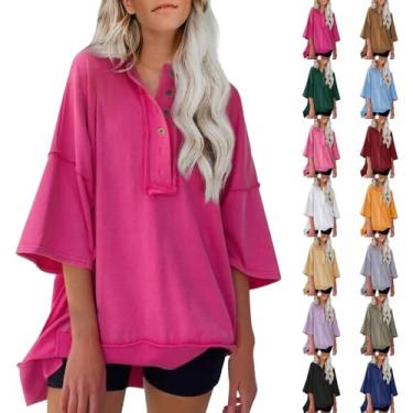 Imagem de Camisetas femininas grandes manga 3/4 gola V casual moda abotoada gola Henley túnica verão cor sólida, Rosa Aahot, GG