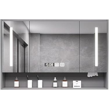 Imagem de Loja armário de espelho inteligente armário de espelho de madeira maciça armário de armazenamento de banheiro espelho de parede armário de espelho, cinza, 88 * 12 * 75cm