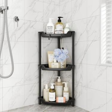 Imagem de ELYKEN Organizador de chuveiro de canto, organizador de chuveiro de 3 camadas à prova de ferrugem, suporte de armazenamento de prateleira de canto de metal de plástico com emenda de metal, pés