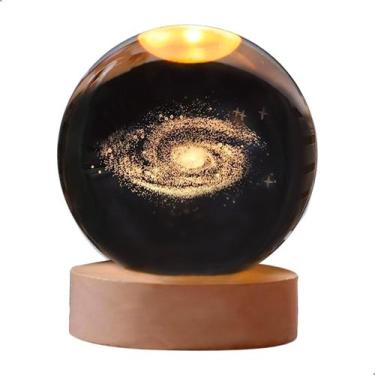 Imagem de Luminária De Mesa Bola Cristal 3D Decorativa Led Cabo USB Base Madeira