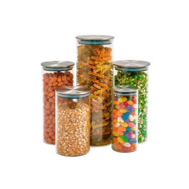 Imagem de Kit 5 potes de vidro com tampa inox hermético circular - Tud, U, INOX