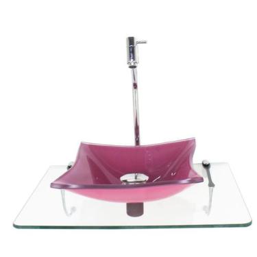 Imagem de Kit cuba de vidro quadrada 10mm rosa com tampo 50cm incolor e suporte 