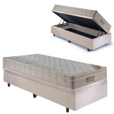 Imagem de Base Box Baú 96x203 Suede Bege com Colchão Airtech Ortobom Molas Ensac