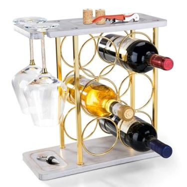 Imagem de Rack de vinho dourado com suporte de vidro, suporte de vinho de madeira de bancada para 6 garrafas e 2 copos, inclui bandejas de armazenamento para rolhas e abridores – exibição perfeita de vinho