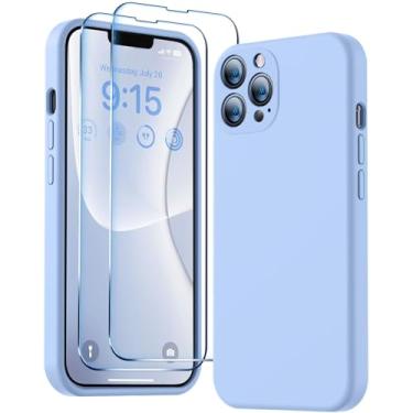 Imagem de BossKiss Capa compatível com iPhone 13 Pro, capa de silicone líquido premium [toque aveludado] [2 peças de protetor de tela de vidro temperado 9H], capa de kit de proteção total para câmera, azul claro