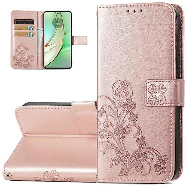Imagem de Monwutong Capa carteira de telefone para Motorola Edge 40, capa de couro PU com estampa de trevo de quatro folhas com fecho magnético e slots de cartão de dinheiro coldre para Moto Edge 40, SYC ouro