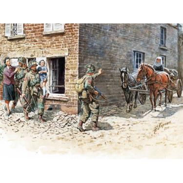 Imagem de Master Box Models 1/35 "França 1946" - Conjunto de 5 bonecos (3 paraquedistas, uma menina, mãe e freira) com 2 cavalos e Telega francesa