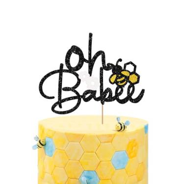 Imagem de Bee Oh Babee Cake Topper, Bumble Bee Oh Baby Cake Decor, Black&Gold Glitter Flower Honeycomb Bee Baby Shower Cake Topper, Bee Themed First Birthday/Gender Reveal Party Decoration