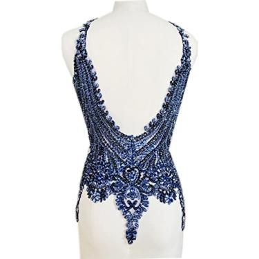 Imagem de Corpete de renda feito à mão com 16 cores, aplique costurado, lantejoulas, apliques de aparar para acessórios de roupas de vestido (azul-escuro)