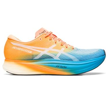 Imagem de ASICS Tênis de corrida unissex METASPEED Edge+, Azul ilha/laranja pop, 14 Wide Women/12.5 Men