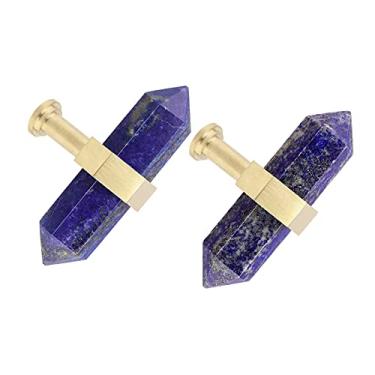 Imagem de mookaitedecor Conjunto de 2 puxadores de gaveta de pontos duplos de cristal lápis-lazúli com parafusos, puxadores decorativos de pedra para armário de cômoda, decoração de cozinha, latão escovado