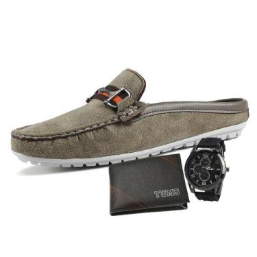 Imagem de  Mocassim Mule Masculino Em Camurça Cinza LA FAIRE Com Carteira Slim T