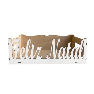 Imagem de Bandeja presente cestinha feliz natal de mdf branca com alça lembranci