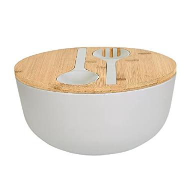 Imagem de LOVYANXUE Tigela de salada de fibra de bambu com conjunto grande de 25 cm Nature Bamboo Mixing Bowl com servidores com tampa colher e garfo para frutas, saladas e legumes