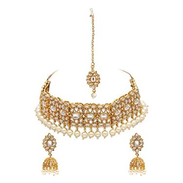 Imagem de Bodha tradicional indiana banhada a prata Kundan pérola gargantilha conjunto de joias com Tikka e brincos para mulheres, Latão, Sem Pedra Preciosa