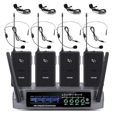 Imagem de FULODE UR-408 Sistema de microfone profissional sem fio de 4 canais com 4 microfones de lapela e 4 fones de ouvido, ideal para festa em casa, cantar, karaokê, reunião, igreja, evento, TV