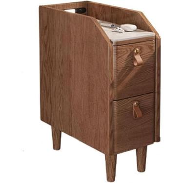 Imagem de Mesa de cabeceira de LED estreita com gavetas, mesa lateral de sofá moderna, mesa de cabeceira de madeira com pernas de madeira maciça para sala de estar, escritórios, cor nogueira, 30 cm