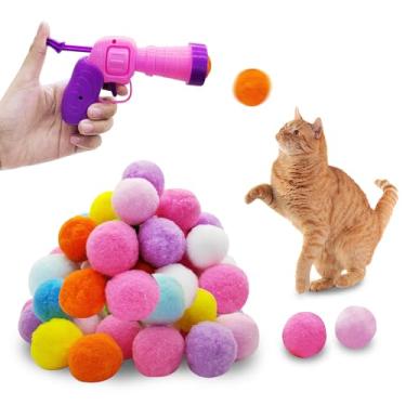 Imagem de Andiker Lançador de bolas para gatos, 100 peças de pelúcia coloridas de 3 cm para gatos com pompom, brinquedos para gatos interativos para gatos internos para manter a forma, brinquedo de Natal para