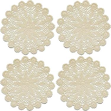 Imagem de Phantomon Jogo americano de 30,48 cm redondo de crochê feito à mão com renda 100% algodão, pacote com 4 (bege)