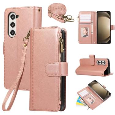 Imagem de Asuwish Capa de celular para Samsung Galaxy Z Fold 6 5G 2024 com zíper carteira celular com alça transversal suporte para cartão de couro ZFold6 Z6 G Fold6 6Z mulheres homens ouro rosa