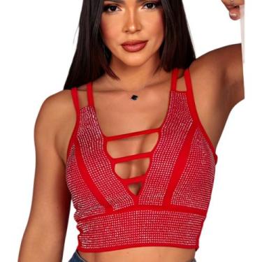 Imagem de Blusa Cropped Brilho Strass Top Detalhe No Decote Duas Alças - Propria