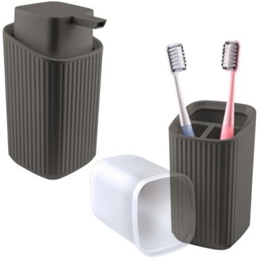 Imagem de Kit Dispenser Sabonete 400ml E Porta Escovas De Dente Com Tampa (Cinza Escuro)