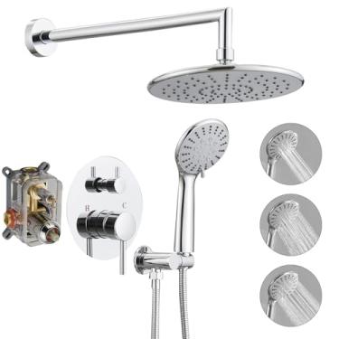 Imagem de BWE Conjunto de Torneira de Chuveiro de Chuva Cromado de 9", Chuveiro de Chuva e Chuveiro de Mão com 3 Configurações, Sistema de Chuveiro de Parede, Válvula de Chuveiro de Latão e (, Cromo)