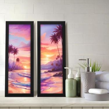 Imagem de Kit 2 Quadros Decorativos Lavabo Pôr do Sol Praia Litoral Palmeira Hor