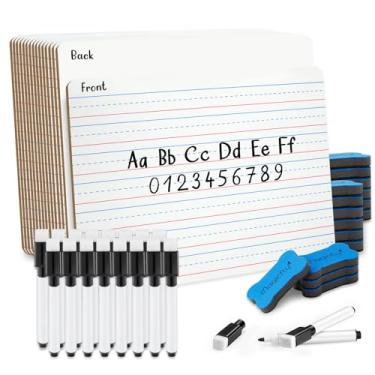 Imagem de Magicfly Quadro branco pequeno forrado com quadro branco apagável a seco, 23 x 30 cm, pacote com 16 mini quadro branco pautado para prática de caligrafia para professores de sala de aula, material escolar com 16 canetas e 16 borrachas