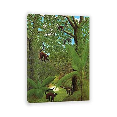 Imagem de JZSDGB Reproduções de pinturas a óleo famosas de André Bauchant - Impressão em tela giclée floral - Impressão de fotos de paisagem - "Selva com macacos" - Arte de parede emoldurada pronta para