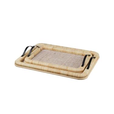 Imagem de Conjunto 2 Bandejas Decorativas em Fibra Natural Rattan e Alça de Metal NP0051 BTC