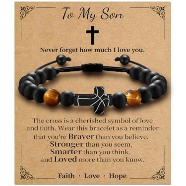 Imagem de Alissl Pulseira de basquete cruzada para homens e meninos, pulseira olho de tigre traz saúde, segurança e felicidade, batismo/volta às aulas/aniversário/ para jogadores, time, filho,