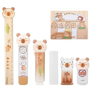 Imagem de MOZXIRZ Conjunto de artigos de papelaria fofos de capivara, material escolar de desenho animado kawaii, material de escritório, incluindo apagador, apontador de lápis, régua, fita corretiva, blocos de